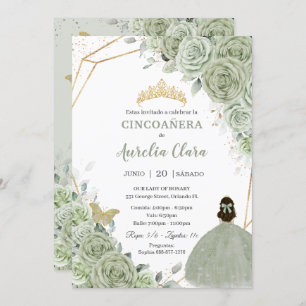 Cincoañera Sage Green Floral Gold Princess Dress Invitation
