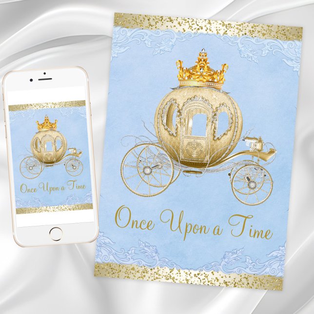 Cinderella Blue Once Upon a Time Princess Birthday Invitation (Cinderella birthday party invitation with gold carriage on a blue and gold background. Any occasion.)