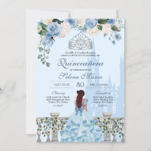 Cinderella Blue Rose Silver Princess Quinceañera Invitation
