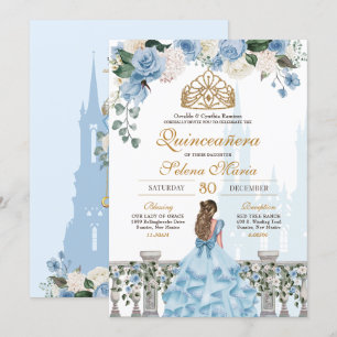 Cinderella Blue Roses & Gold Princess Quinceañera Invitation