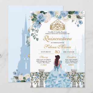 Cinderella Blue Roses & Gold Princess Quinceañera Invitation