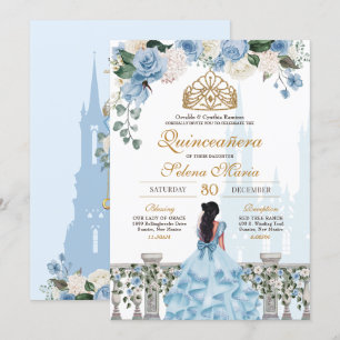 Cinderella Blue Roses & Gold Princess Quinceañera Invitation