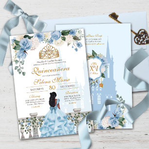 Cinderella Blue Roses & Gold Princess Quinceañera Invitation