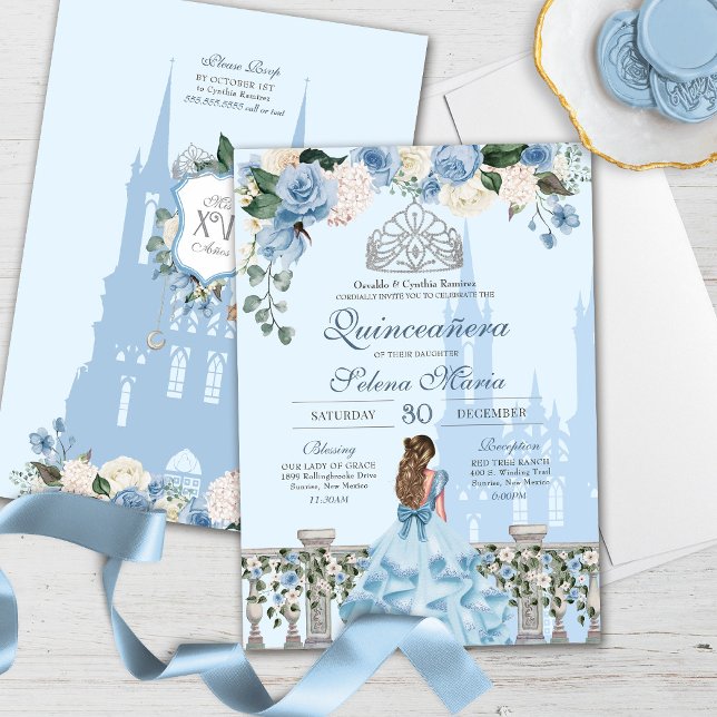Cinderella Blue Silver Floral Princess Quinceanera Invitation (Creator Uploaded)