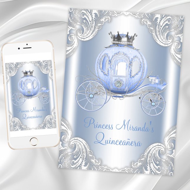 Cinderella Blue Silver Princess Quinceanera Invitation (Cinderella princess birthday party invitation. Digital download and printed invitations available.)