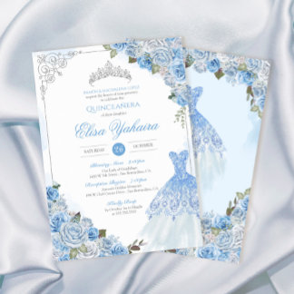 Cinderella Blue Silver Rose Princess Quinceanera Invitation