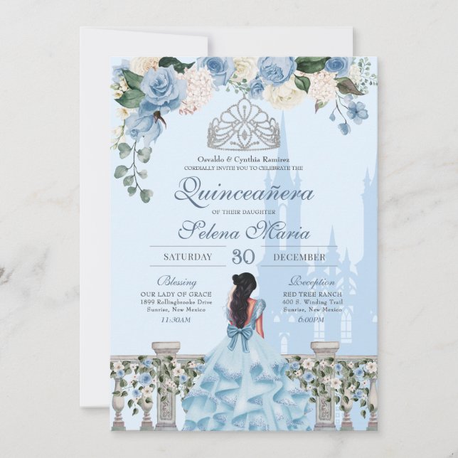 Cinderella Blue Silver Royal Princess Quinceanera Invitation (Front)
