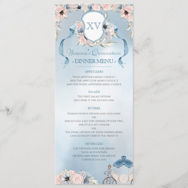 Cinderella Fairy Tale Elegant Blue Pink Party  Menu (Front)