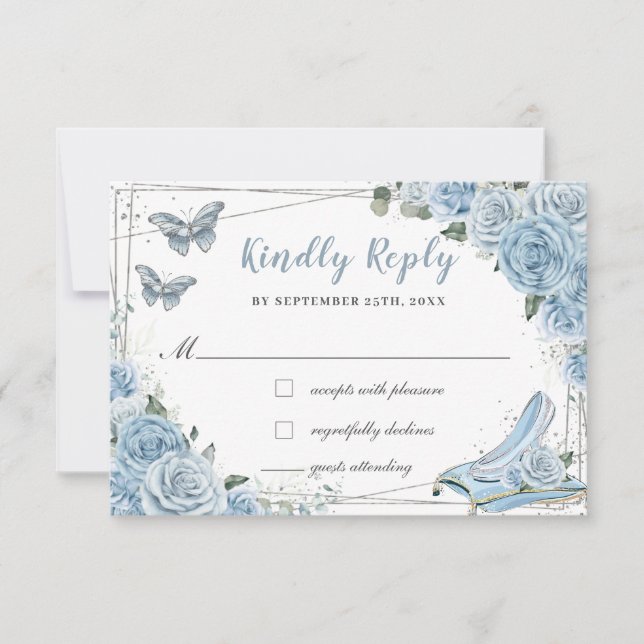 Cinderella Princess Baby Blue Floral Quinceañera RSVP Card (Front)