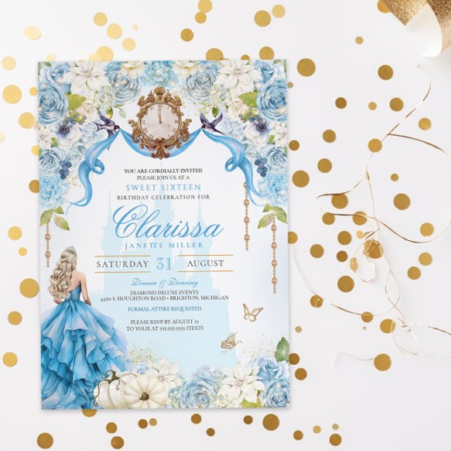 Cinderella Princess Light Blue and Gold Sweet 16 Invitation (Creator Uploaded)