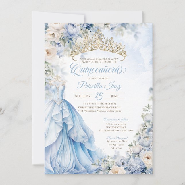 Cinderella Princess Light Blue Gold Quinceañera Invitation (Front)