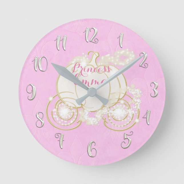 Cinderella Princess Sparkle Carriage Pink Custom Round Clock (Front)