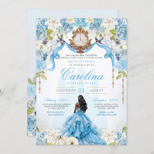Cinderella Quinceañera Blue Gold Luxury Birthday Invitation
