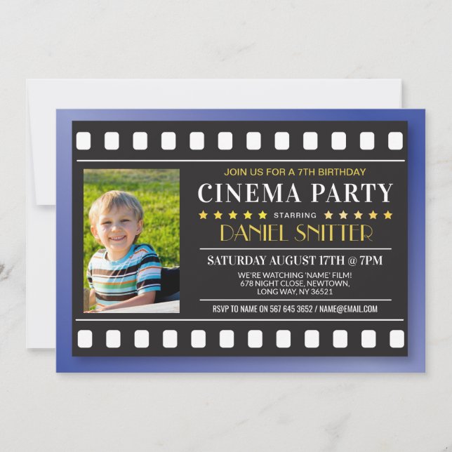 Cinema Birthday Party Movie Film Boy's Blue Photo Invitation (Front)