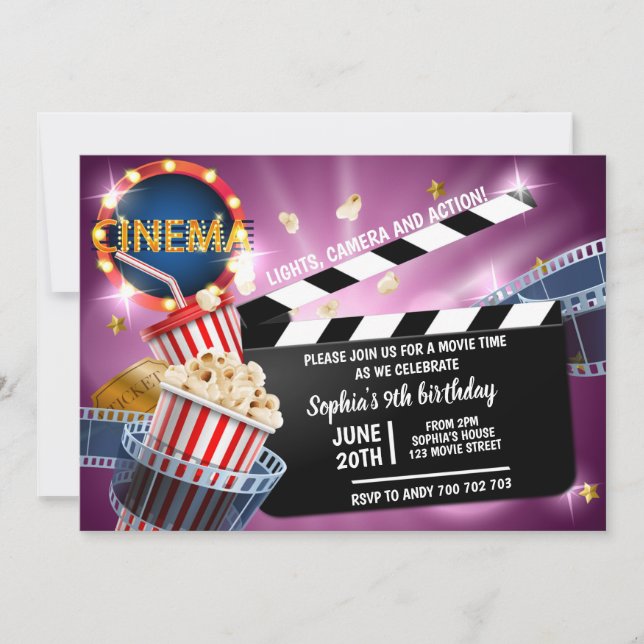 Cinema Movie Time Girl Birthday Popcorn Invitation (Front)