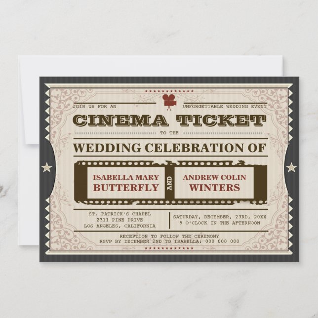 Cinema Ticket - Wedding Invitation on Grey (Front)