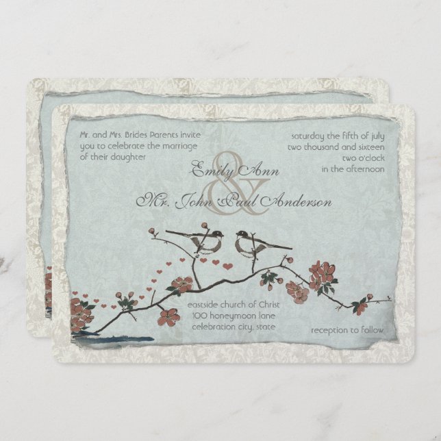 Cinnamon and Blue Love Bird Damask Wedding Invites (Front/Back)