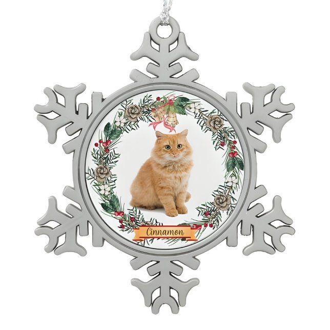 Cinnamon Cat Photo Personalized Snowflake Christma Pewter Christmas Ornament (Creator Uploaded)