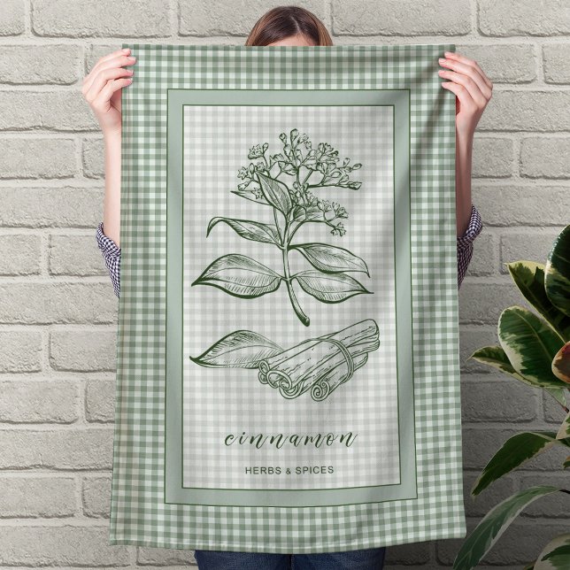 Cinnamon Herb Kitchen Towel – Green Gingham Border (Cinnamon Herb Kitchen Towel – Green Gingham Border)