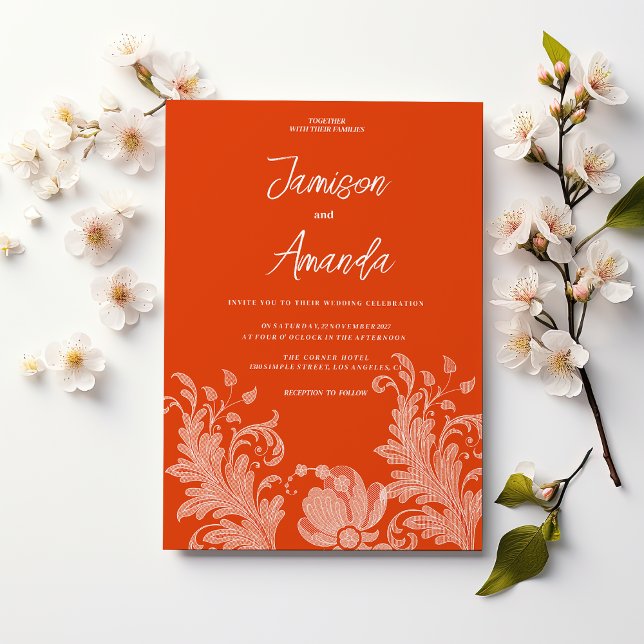 Cinnamon orange white floral lace Wedding Invitation (Cinnamon orange white floral lace Wedding )