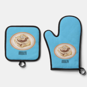 Cinnamon roll cartoon illustration oven mitt & pot holder set