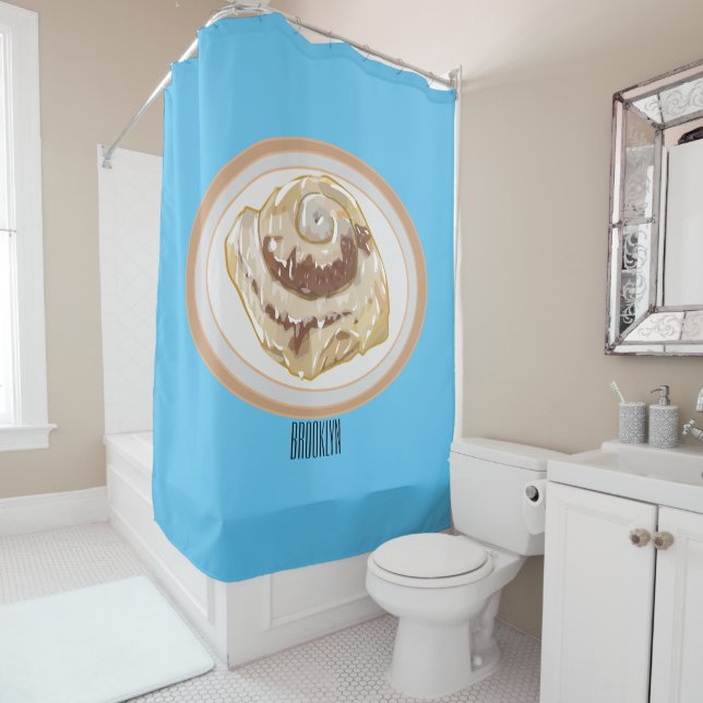 Cinnamon roll cartoon illustration  shower curtain (In Situ)