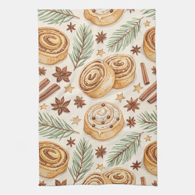 Cinnamon Rolls and Spices - Holiday Baking Tea Towel (Vertical)