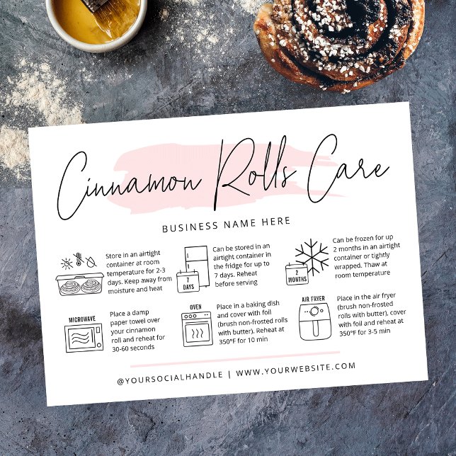 Cinnamon Rolls Care & Reheating Guide Pink Bakery Thank You Card (Cinnamon rolls care and reheating instructions postcards with a modern blush pink watercolor design)