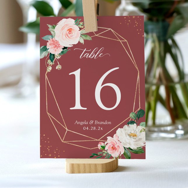 Cinnamon Rose Blush Floral Geometric Frame Wedding Table Number (Creator Uploaded)