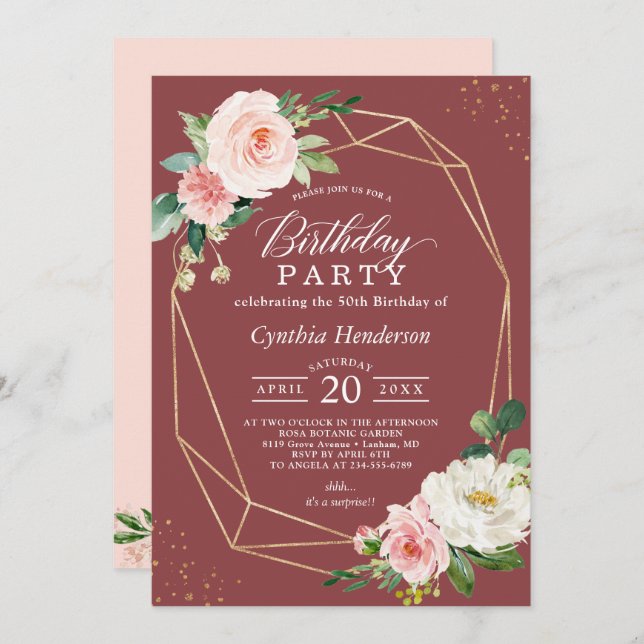Cinnamon Rose Blush Pink Floral Birthday Party Invitation (Front/Back)
