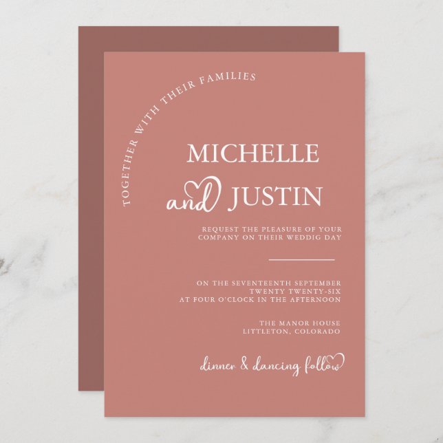 Cinnamon Rose Modern Simple Minimalist Wedding  Invitation (Front/Back)