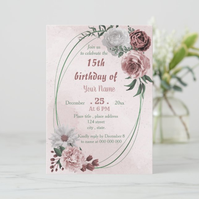 cinnamon rose white floral geometric birthday  invitation (Standing Front)
