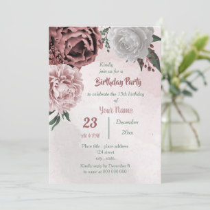 cinnamon rose white floral greenery birthday party invitation
