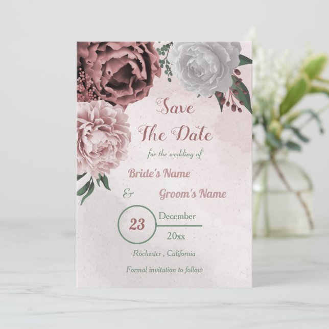 cinnamon rose white floral greenery save the date (Standing Front)