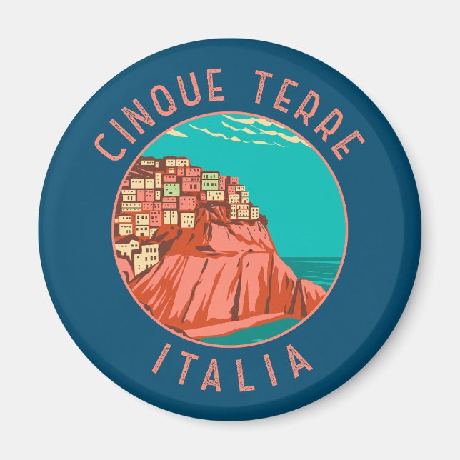 Cinque Terre Italy Distressed Circle Vintage Magnet (Front)