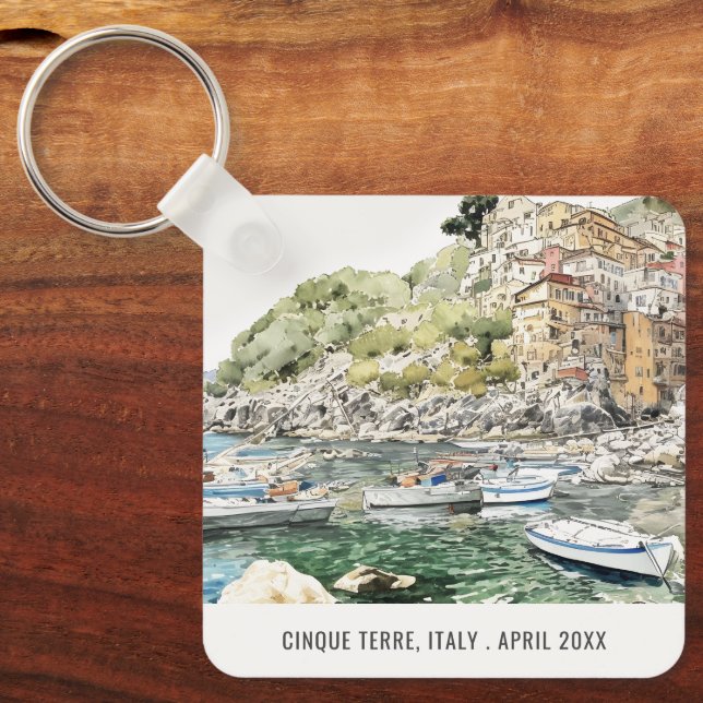 Cinque Terre Italy Sea Watercolor Italian Travel Key Ring (Front)