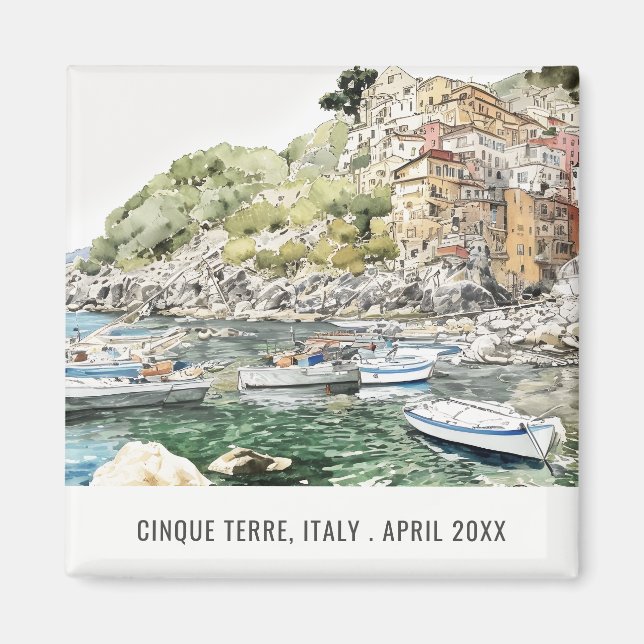 Cinque Terre Italy Sea Watercolor Italian Travel Magnet (Front)