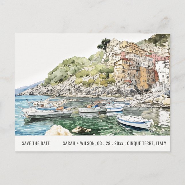 Cinque Terre Italy Sea Watercolor Save The Date Postcard (Front)