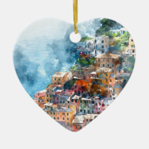 Cinque Terre Italy Watercolor Ceramic Tree Decoration