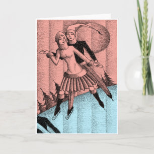 Circa 1930 Art Deco Holiday Ice Skaters Drawing Card