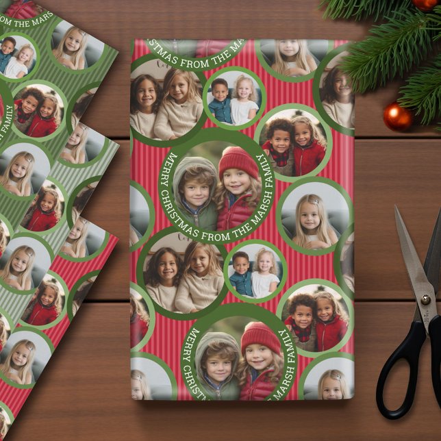 Circle 5 Photo - Merry Christmas Green and Red Wrapping Paper Sheet (Photo Wrapping Paper - Holiday and Christmas Theme)