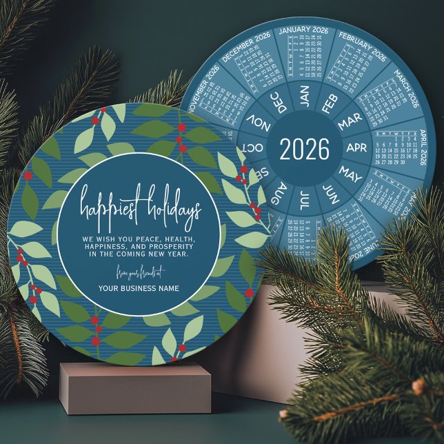 Circle Calendar - Blue Green Botanical Happiest Holiday Card (2026 Calendar on a Business Holiday Card)
