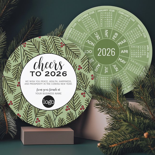 Circle Calendar Business Logo - Cheers Green Red Holiday Card (2026 Calendar on a Business Holiday Card)
