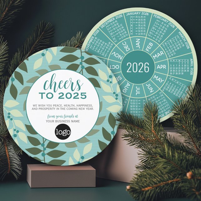 Circle Calendar - Logo - Green Aqua Professional Holiday Card (2026 Calendar on a Business Holiday Card)