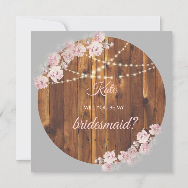 Circle Floral Light Strings Wooden Bridesmaid Card (Front)