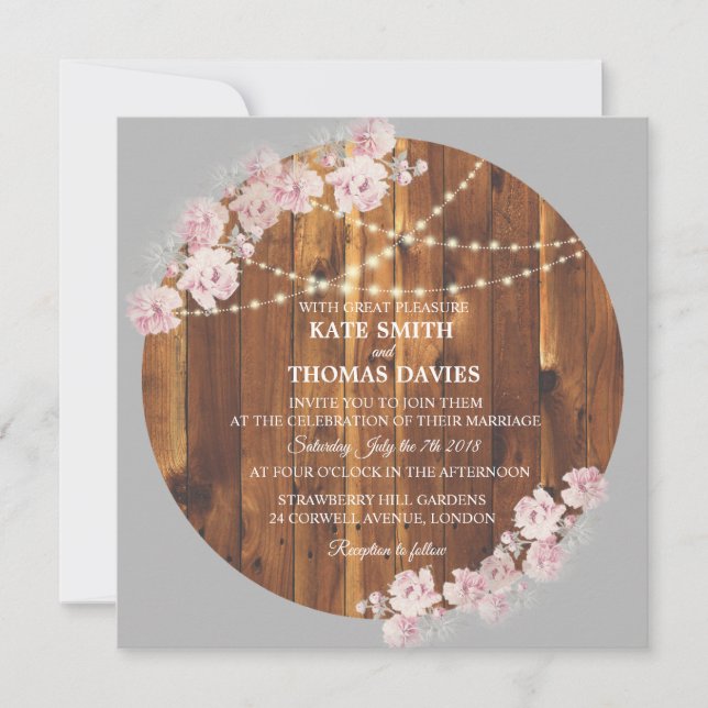 Circle Floral Light Strings Wooden Wedding Invite (Front)