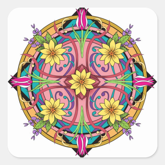 Circle Flowers Square Sticker (Front)