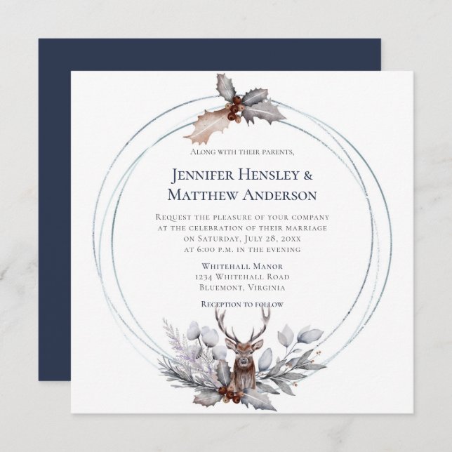 Circle Frame Deer Antlers Holly Berry Wedding Invitation (Front/Back)