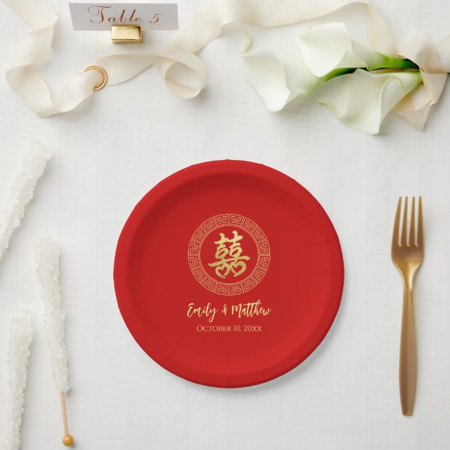 Circle frame double happiness Chinese wedding Paper Plate (Wedding)