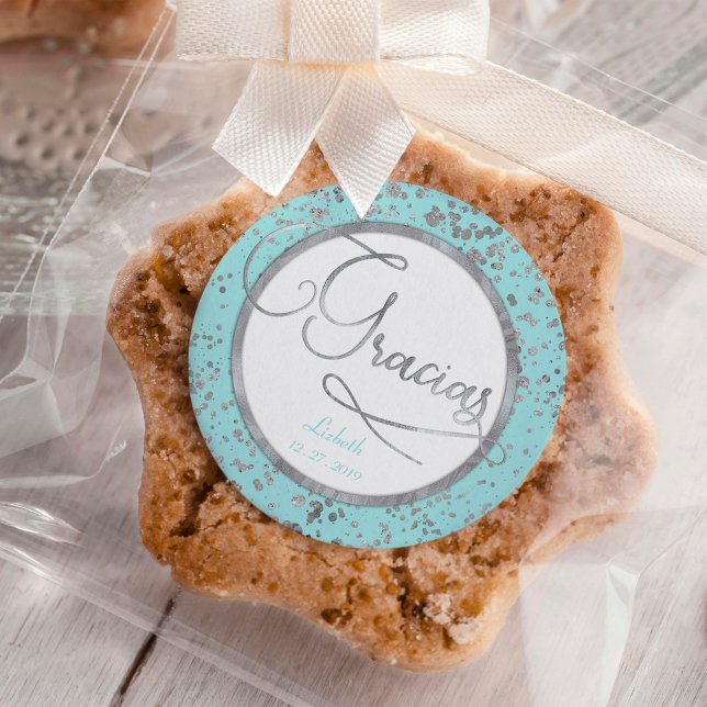 Circle gift note, Baby Blue Silver Gracias Glam Classic Round Sticker (Creator Uploaded)